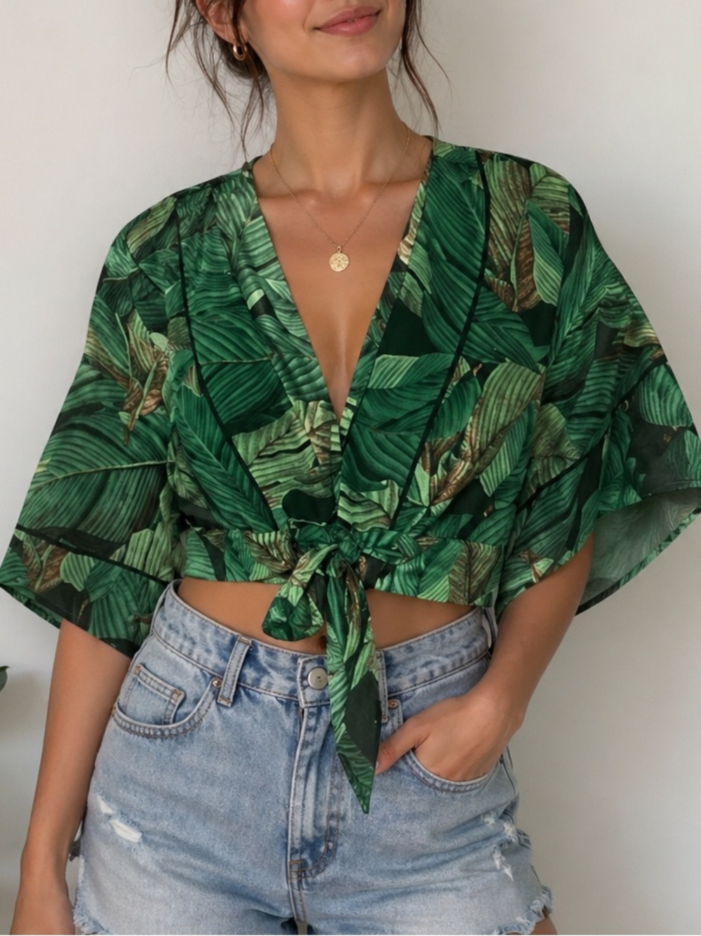 Green Leaf Print Tie-Front Shrug